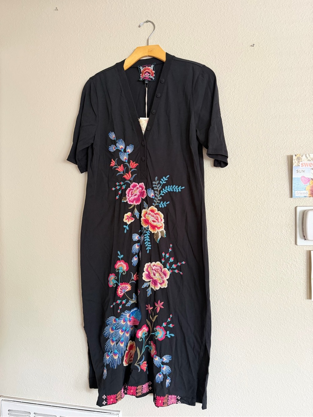 Johnny Was Button Neck Knit Midi Dress Black Floral Size Small NWT